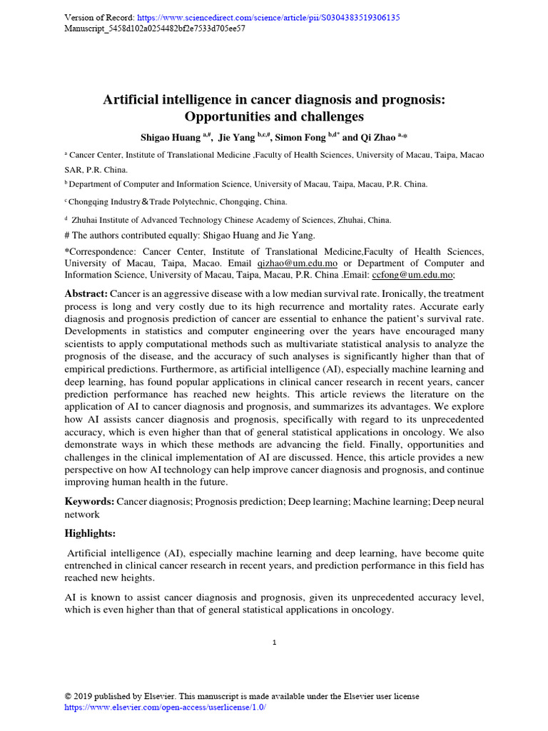 AI in Cancer Diagnosis and Prognosis | PDF | Machine Learning ...