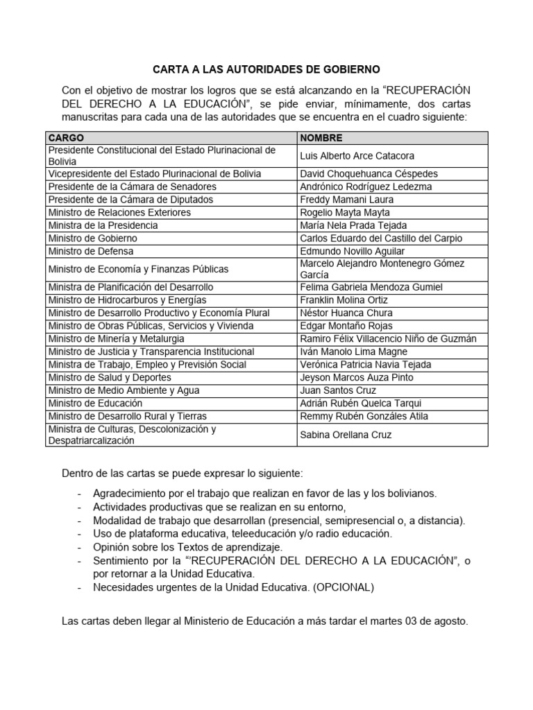 Carta A Las Autoridades de Gobierno.2 PDF Bolivia Gobierno