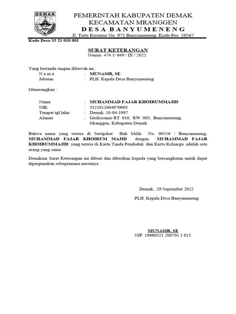 SURAT KETERANGAN Demak Beda Nama Muhammad Fajar(2) | PDF