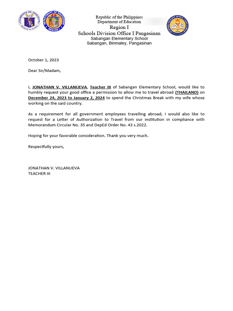 Letter Requesting To Travel Abroad | PDF