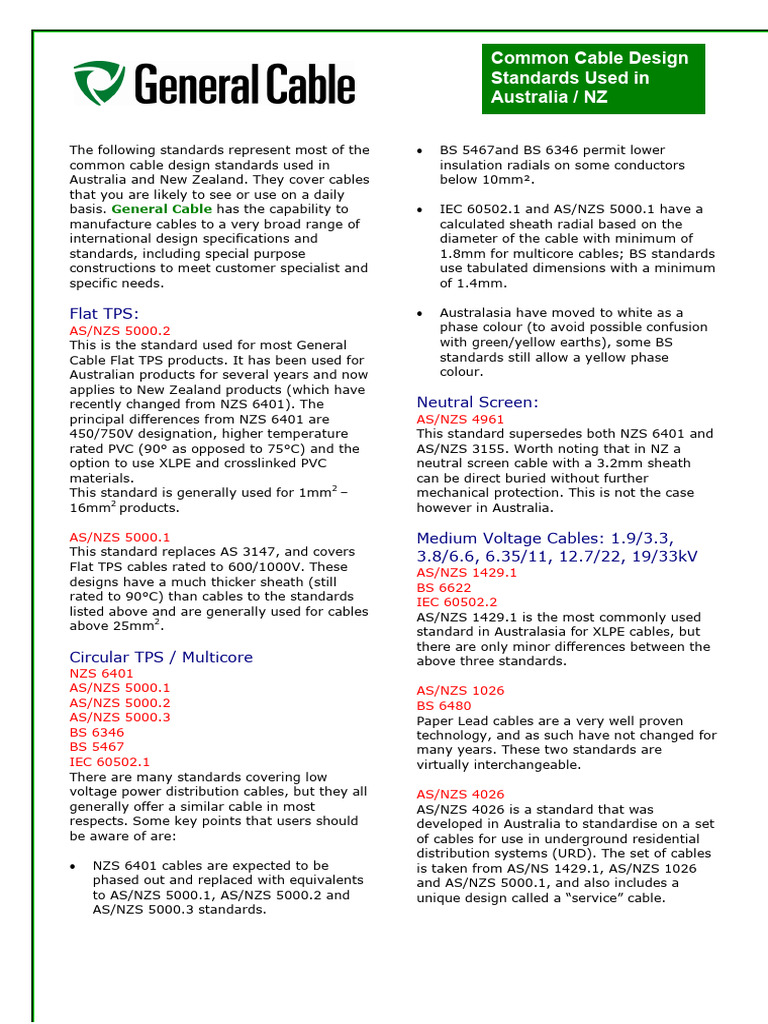 Cable Standards Summary PDF Electrical Engineering Electricity