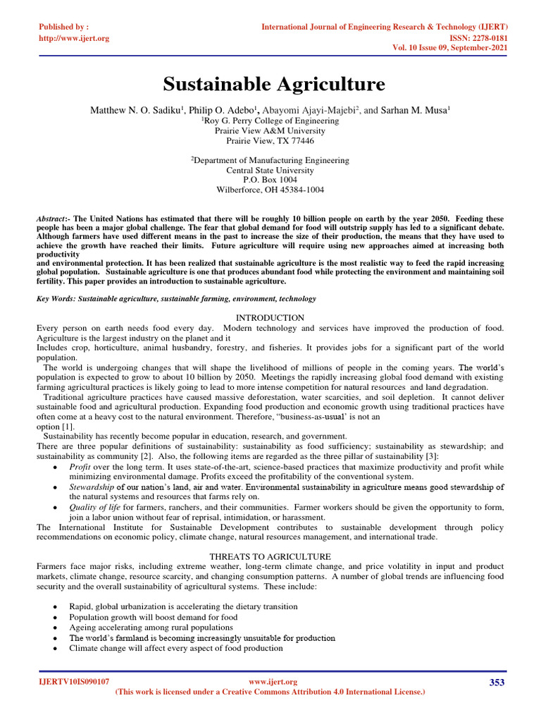 Sustainable Agriculture IJERTV10IS090107 | PDF