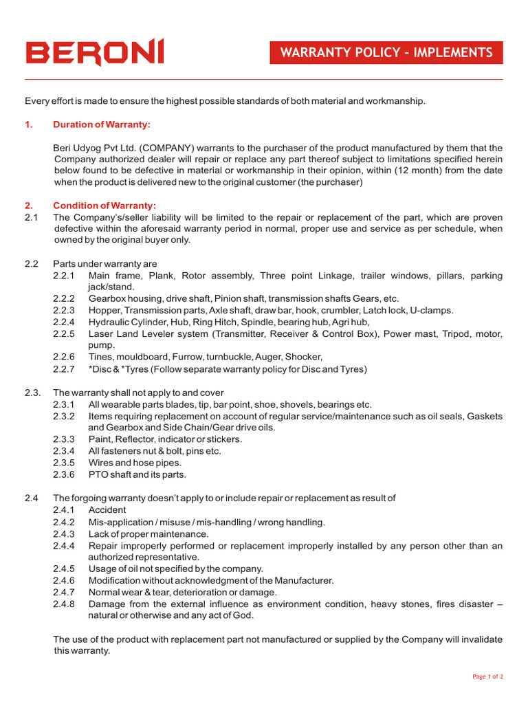 Beroni - Implements Warranty Policy | PDF | Technology & Engineering