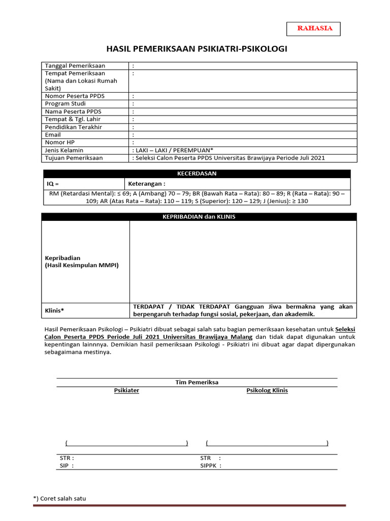 Form 1 Laporan Hasil Pemeriksaan Psikiatri Psikologi | PDF