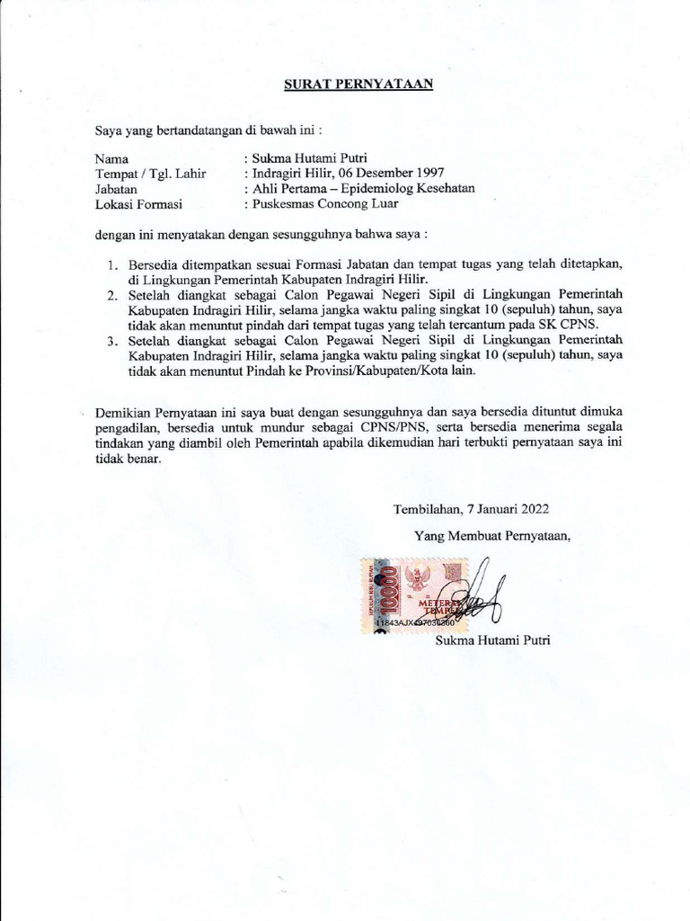 Surat Pernyataan Tidak Pindah | PDF