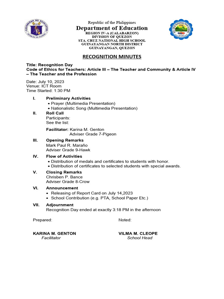 Recognition Day Minutes Pdf