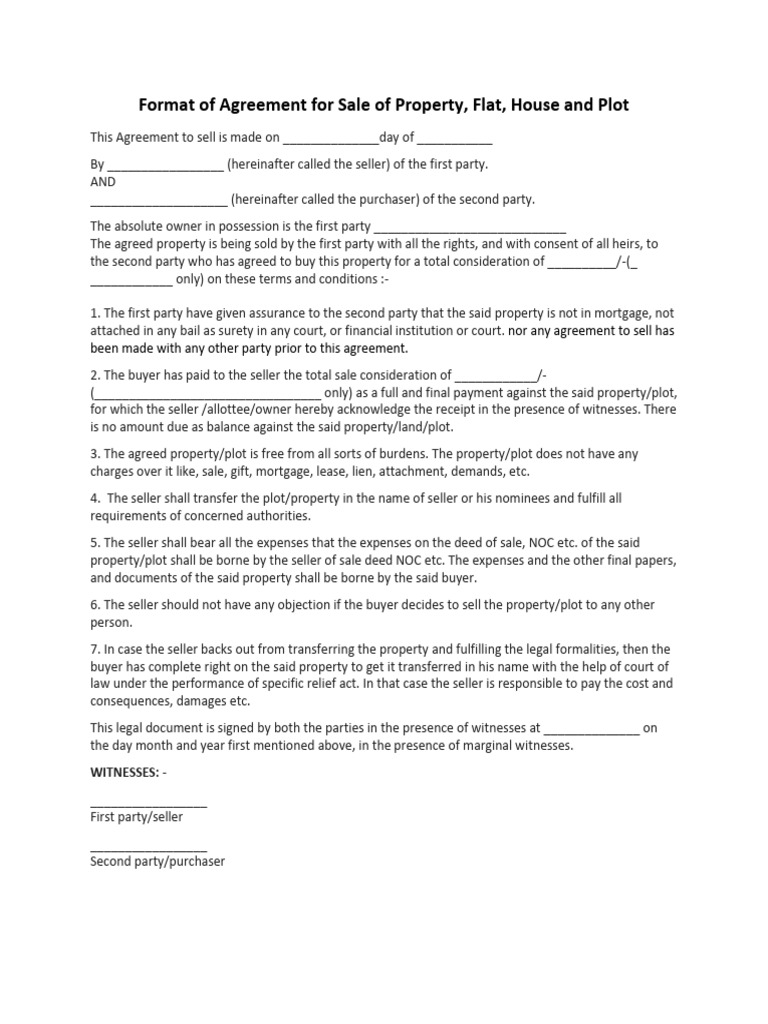 Format of Agreement For Sale of Property 075420 PDF Sales