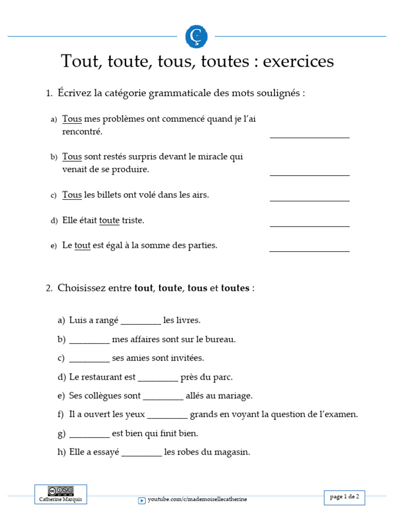 Exercices sur tout, toute, tous, toutes | PDF
