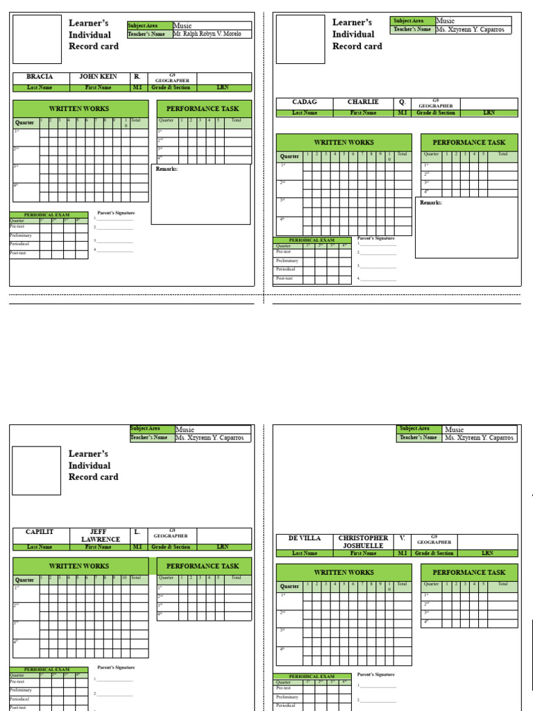 G9 Music Record Cards & Exams | PDF