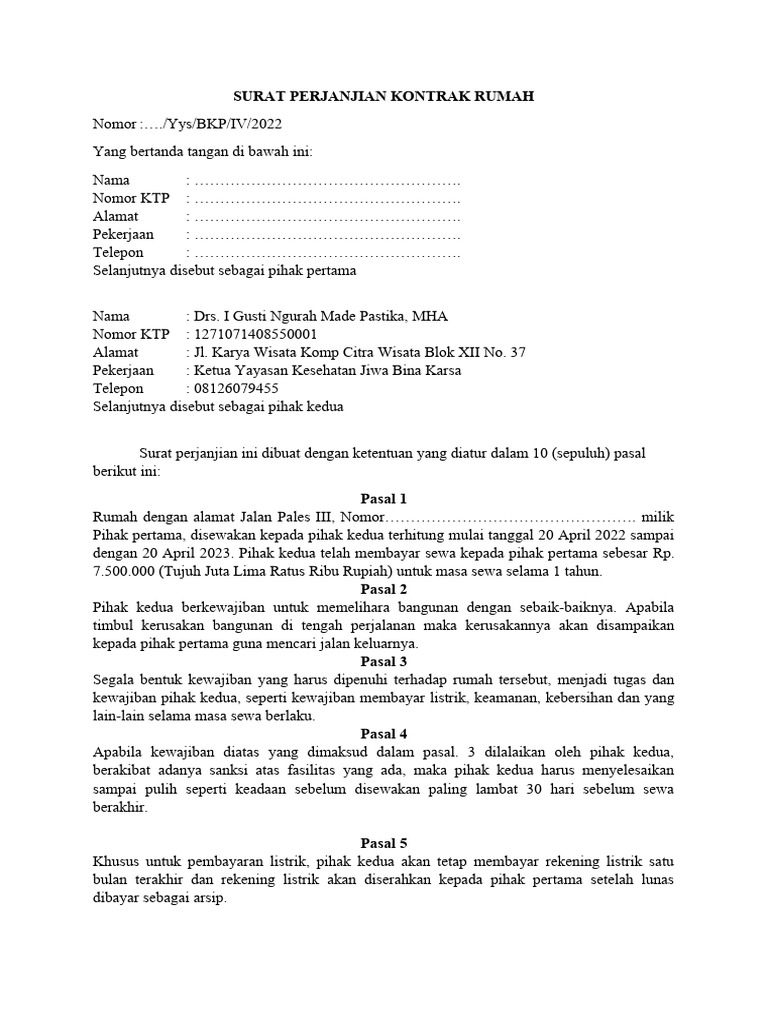 Surat Perjanjian Sewa Rumah Pdf