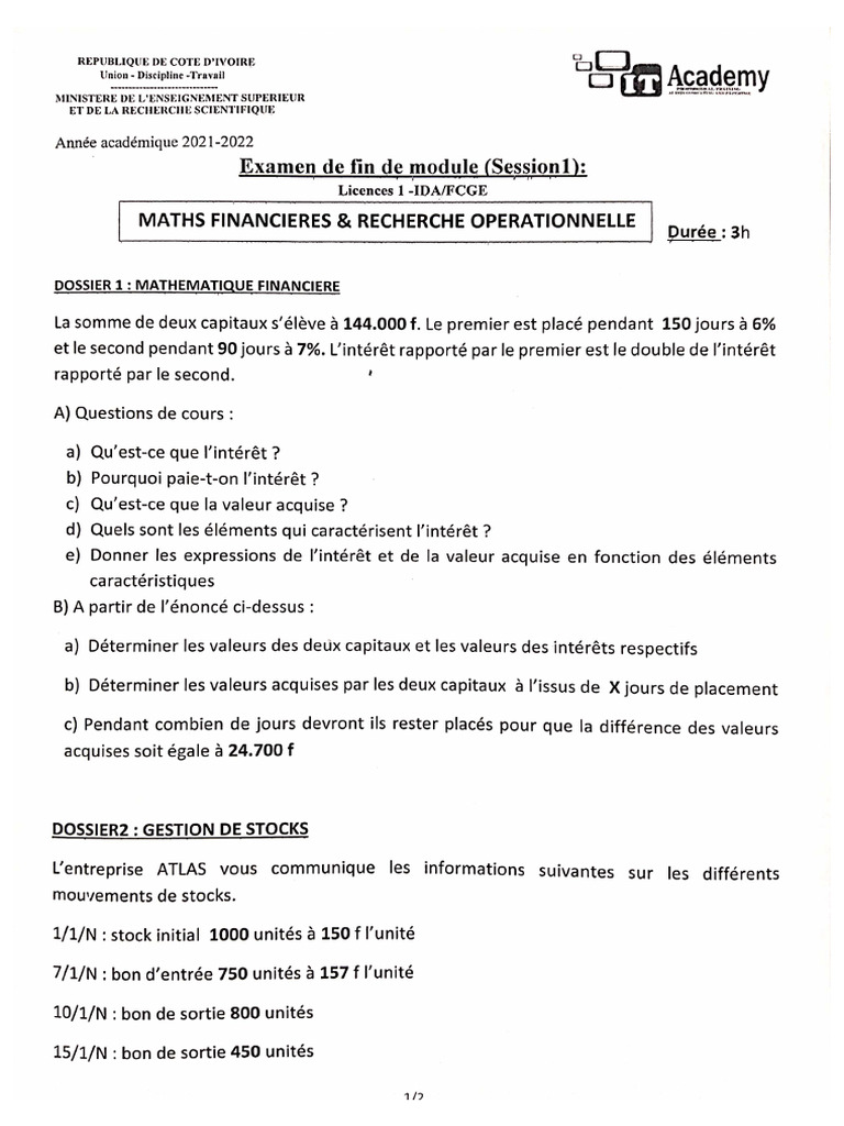 Sujet Math Financière Et Recherche Opérationnelle Bts 1 | PDF