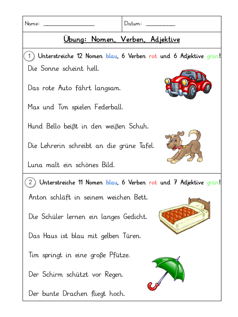 Wortarten nomen verben adjektive unterstreichen mit l sung pdf