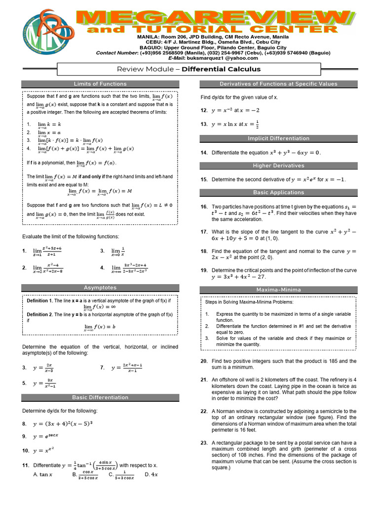 Review Module - Differential Calculus (N2023) | PDF | Tangent | Asymptote