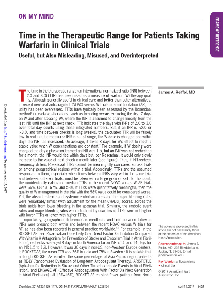 Time in the Therapeutic Range for Patients Taking Warfarin in Clinical ...