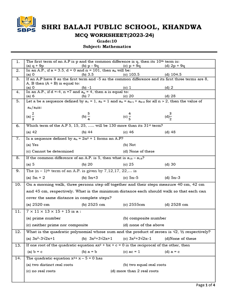 Mcq Worksheet Pdf