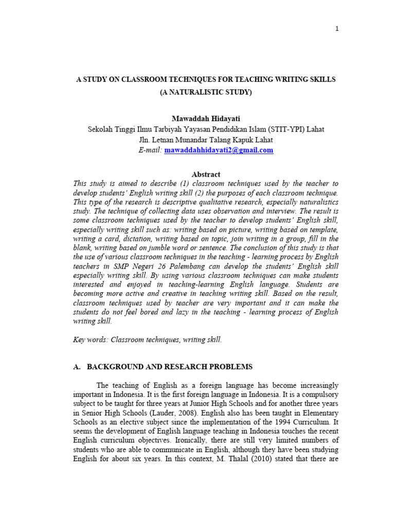 A Study on Classroom Techniques for Teaching Writing Skills (a ...