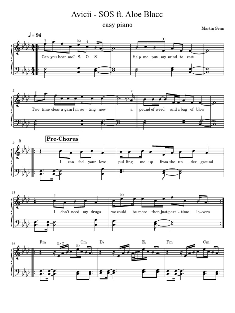 Easy Piano Sheet for Avicii's SOS | PDF