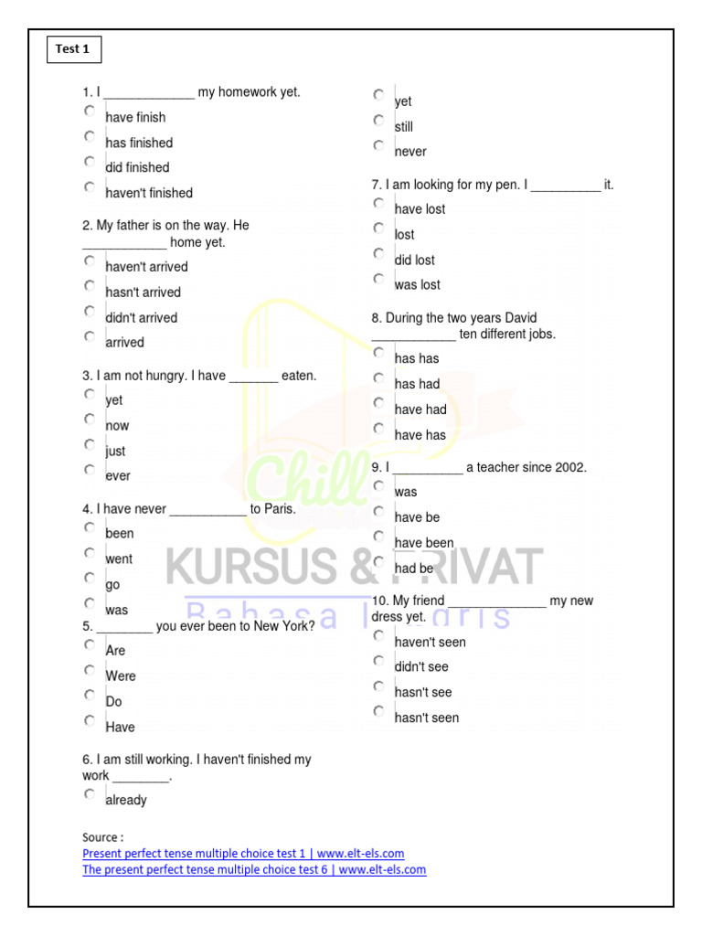Present Perfect Tense Quiz | PDF