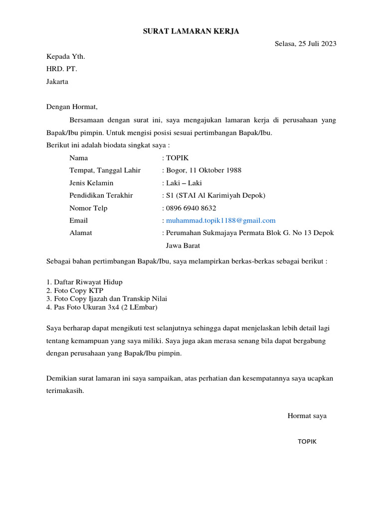 Surat Lamaran Kerja 25 | PDF