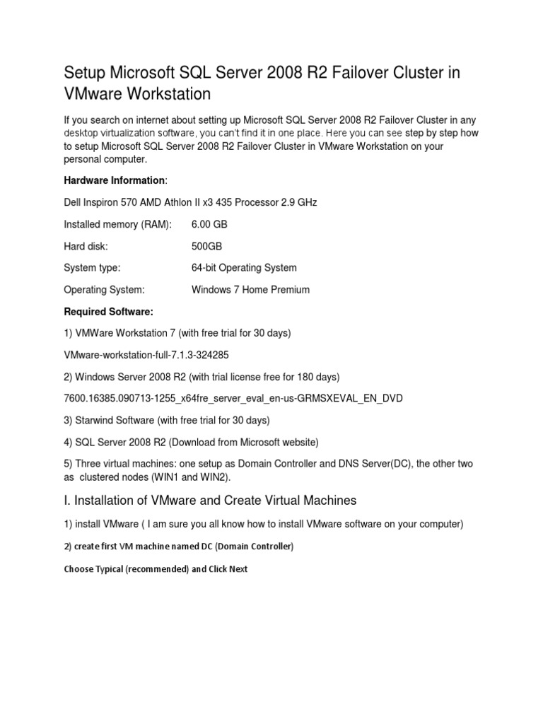 SQL Server 2008 R2 Failover Setup Guide | PDF | Computer Cluster | V Mware