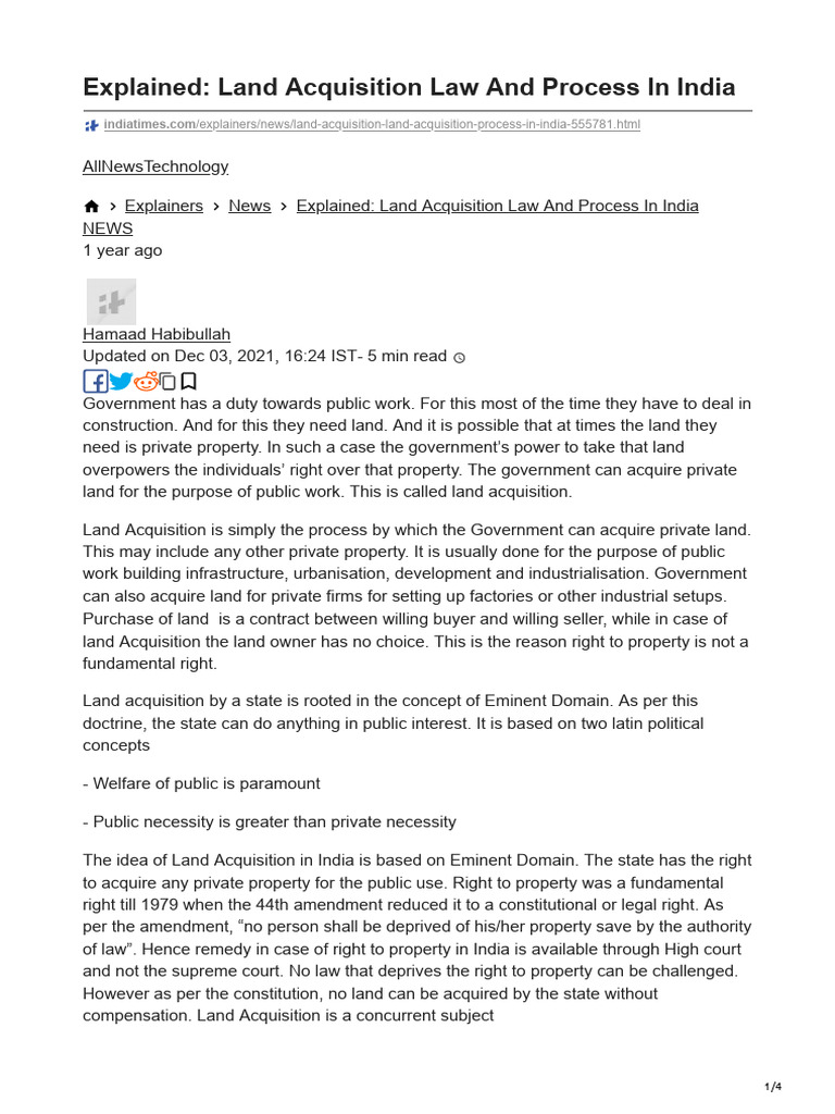 Land Acquisition Law in India Explained | PDF | Eminent Domain | Justice