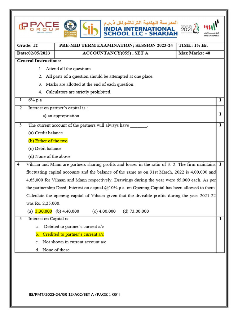 12 Acc Pmt Qp,Set a-2023-24-Answer Key | PDF | Interest | Partnership