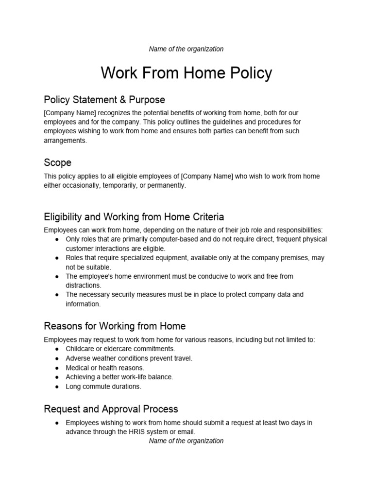 Work From Home Policy Sample Template Pazcare PDF Employment