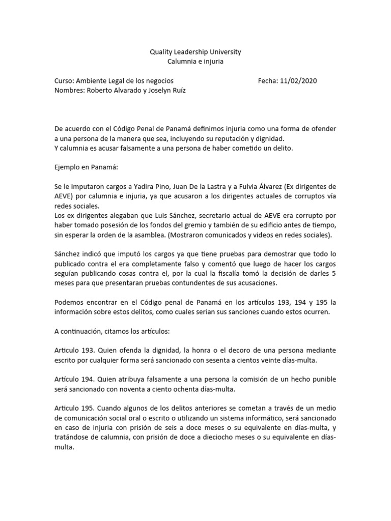 Calumnia e Injuria en Panamá: Definición y Sanciones | PDF | Política
