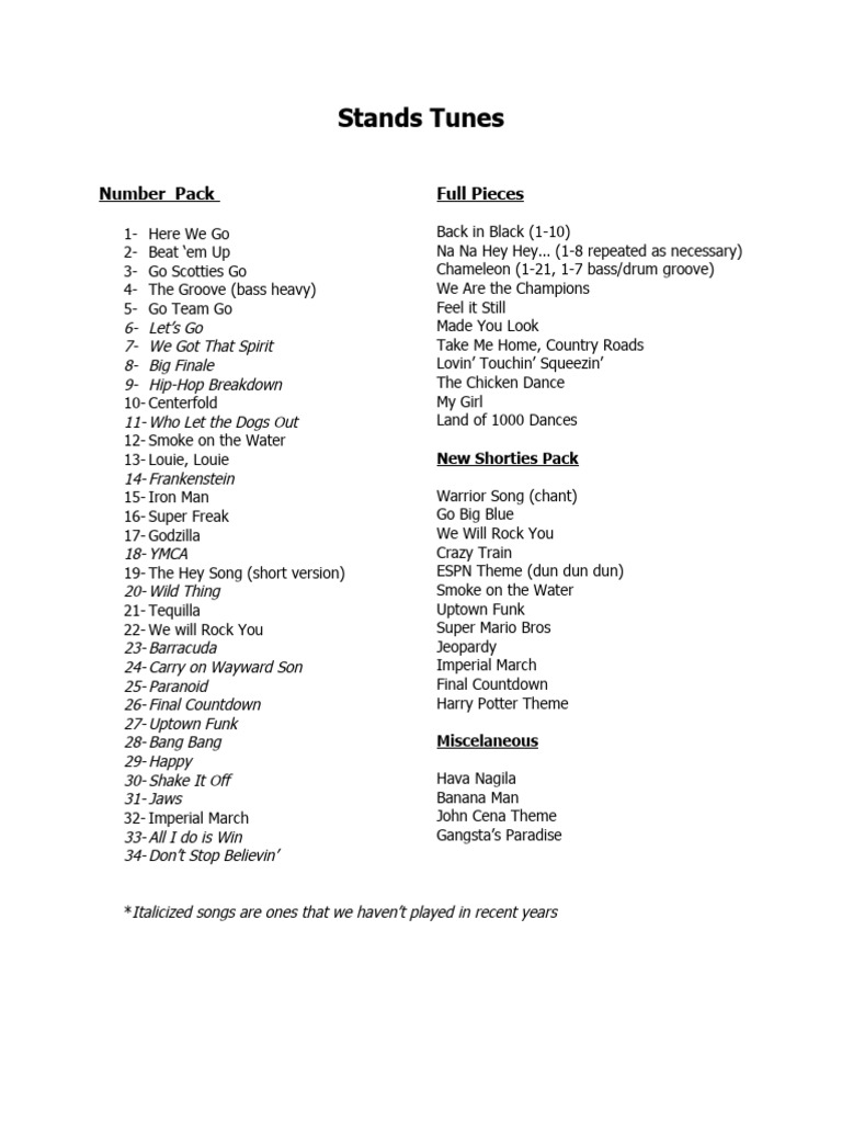 Stands Tunes List PDF