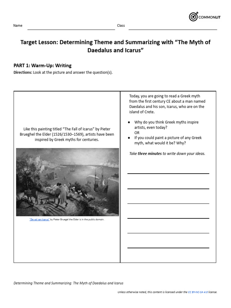 The Myth of Daedalus and Icarus Target Lesson STUDENT PDF Hera