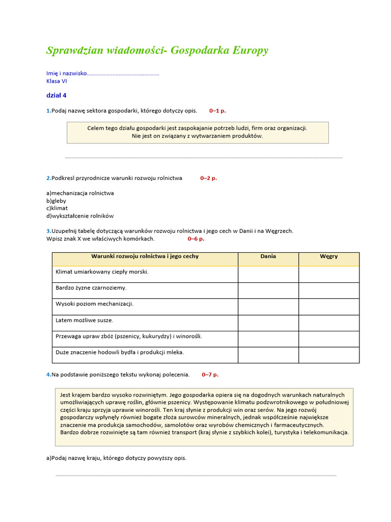 Praca Klasowa Zemsta Klasa 7 Praca Klasowa Geografia Dział 4 | PDF