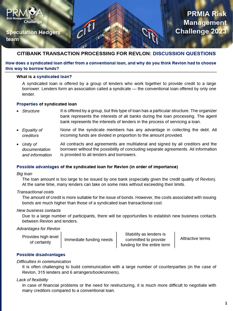Citibank Syndicated Loan Analysis for Revlon | PDF | Loans | Credit Risk
