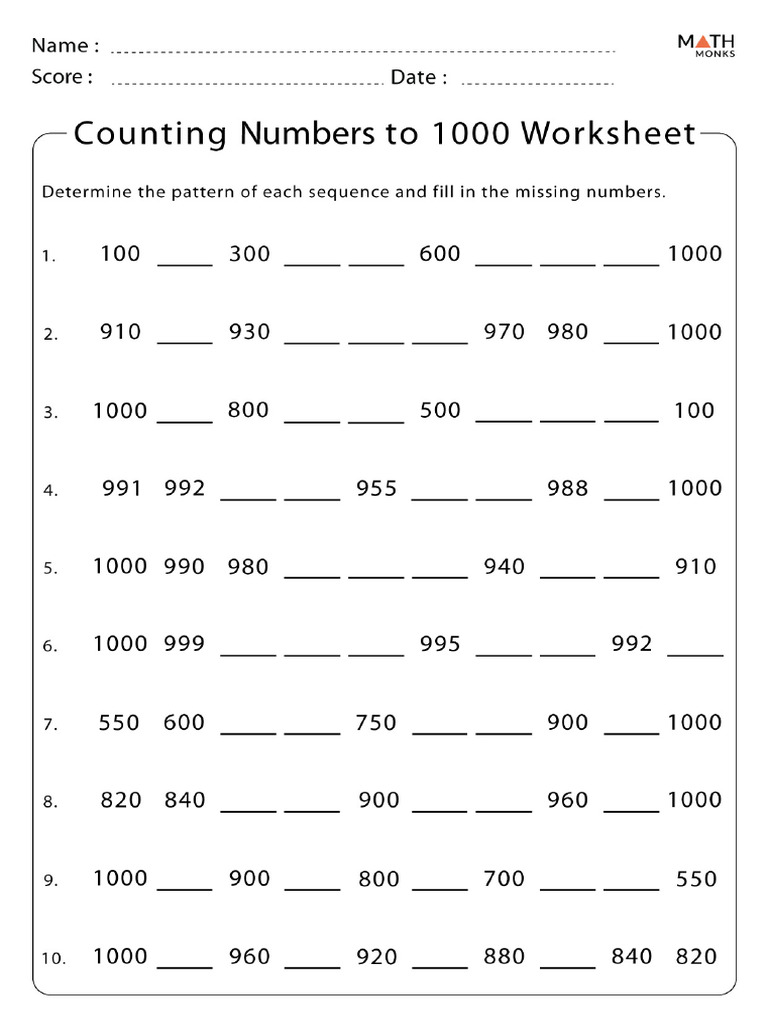 Counting Numbers To 1000 Worksheet | PDF