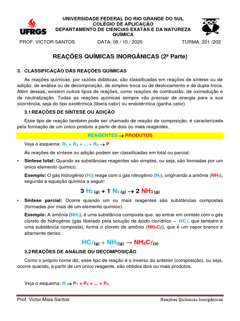 Classificação das Reações Químicas | PDF | Reações químicas | Química