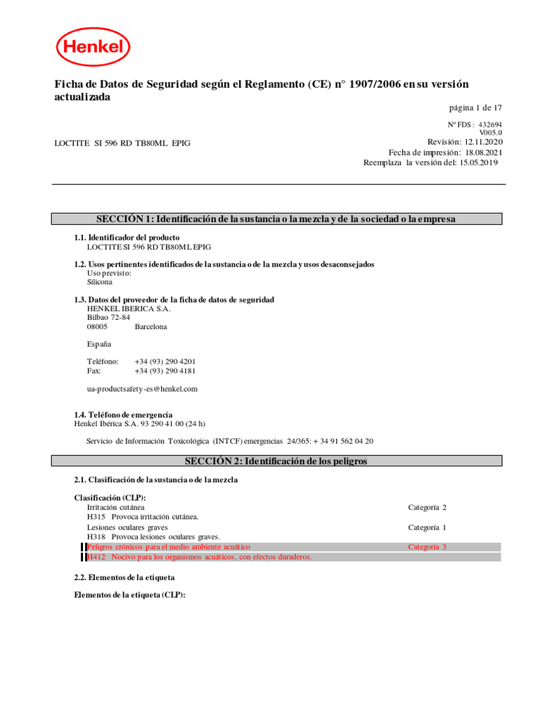 Ficha de Seguridad LOCTITE SI 596 RD | PDF | Agua | Líquidos