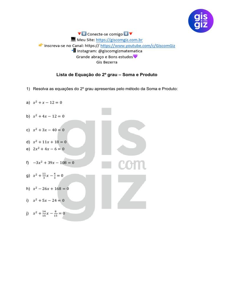 Exercícios de Soma e Produto - 2º Grau | PDF | Métodos e Materiais de ...