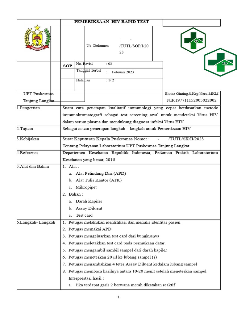 Sop Pemeriksaan Hiv Rapid Test | PDF