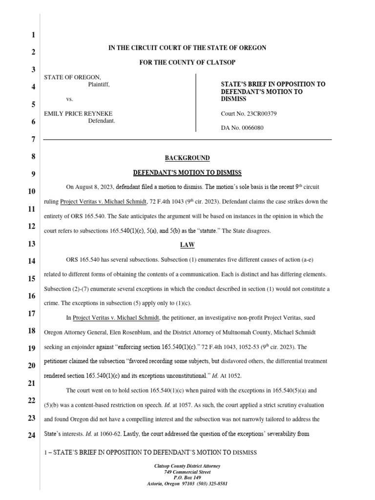 State's Opposition to Reyneke Dismissal Motion | PDF | Freedom Of ...