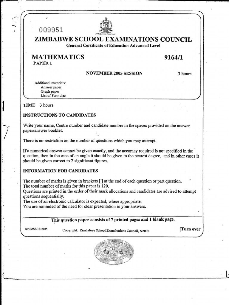 Zimsec A Level Mathematics Paper 1 November 2005 | PDF