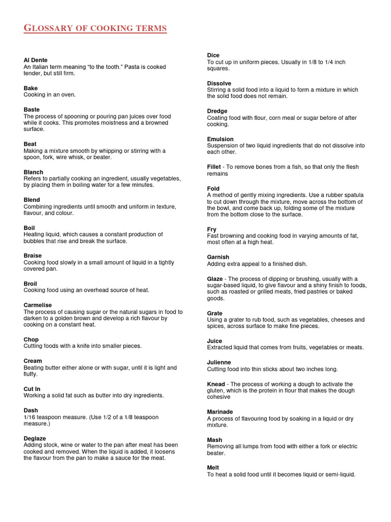 Glossary of Cooking Terms PDF Cooking Baking
