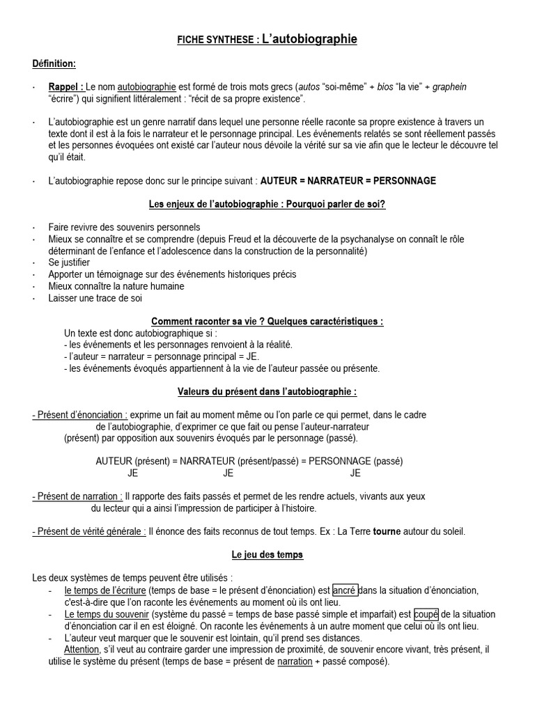 FICHE SYNTHESE-autobiographie | PDF | Autobiographies
