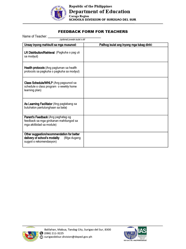 Feedback Form Teacher PDF