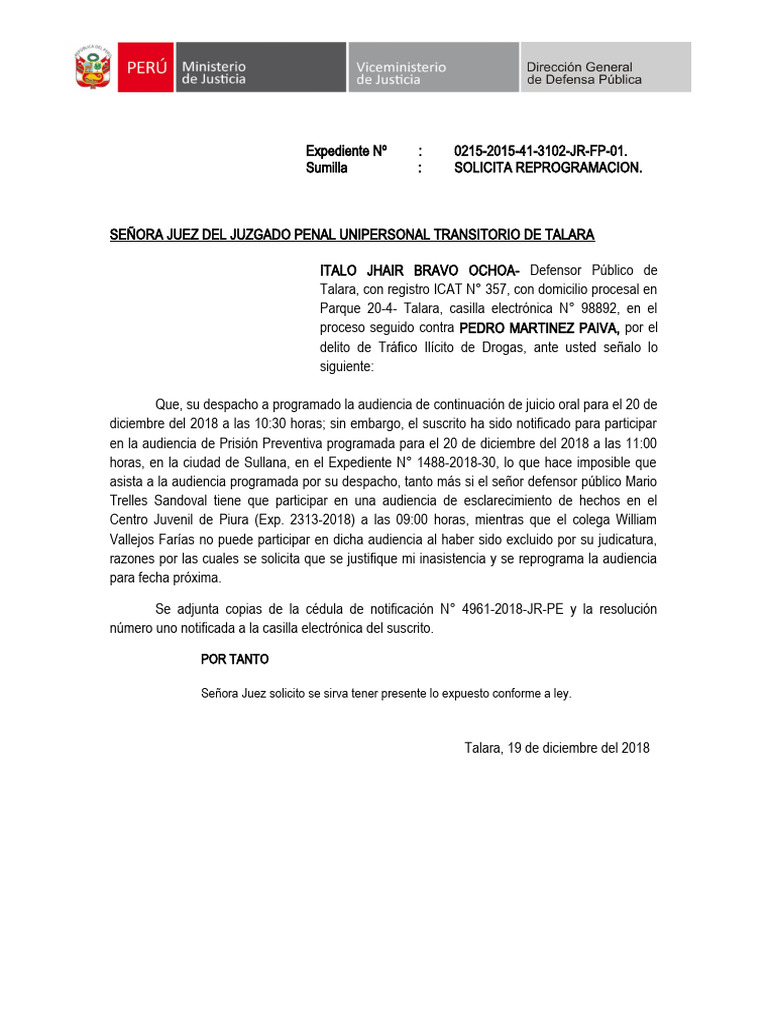 Escrito Juzgado Justificando Inasistencia Audiencia Exp. 22015-2015 ...