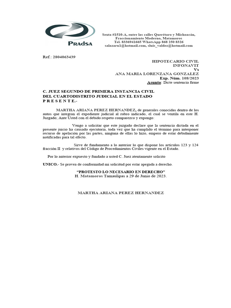 Escrito Sentencia Firme | PDF