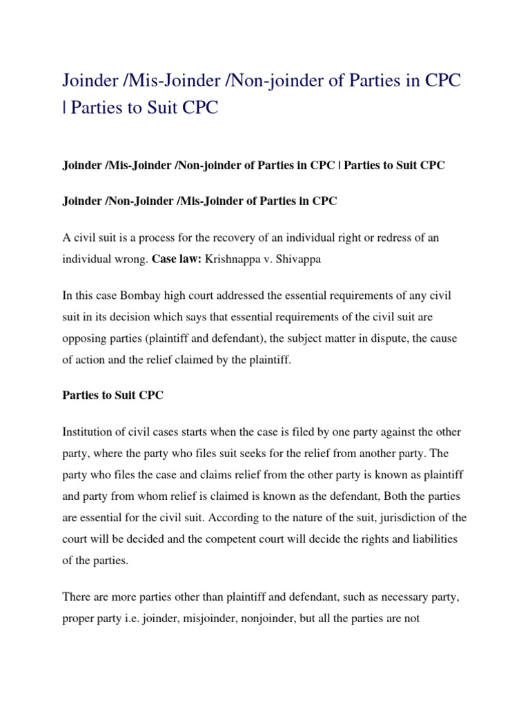 Write Down Parties of The Suit. Explain Joinder Misjoinder and Non
