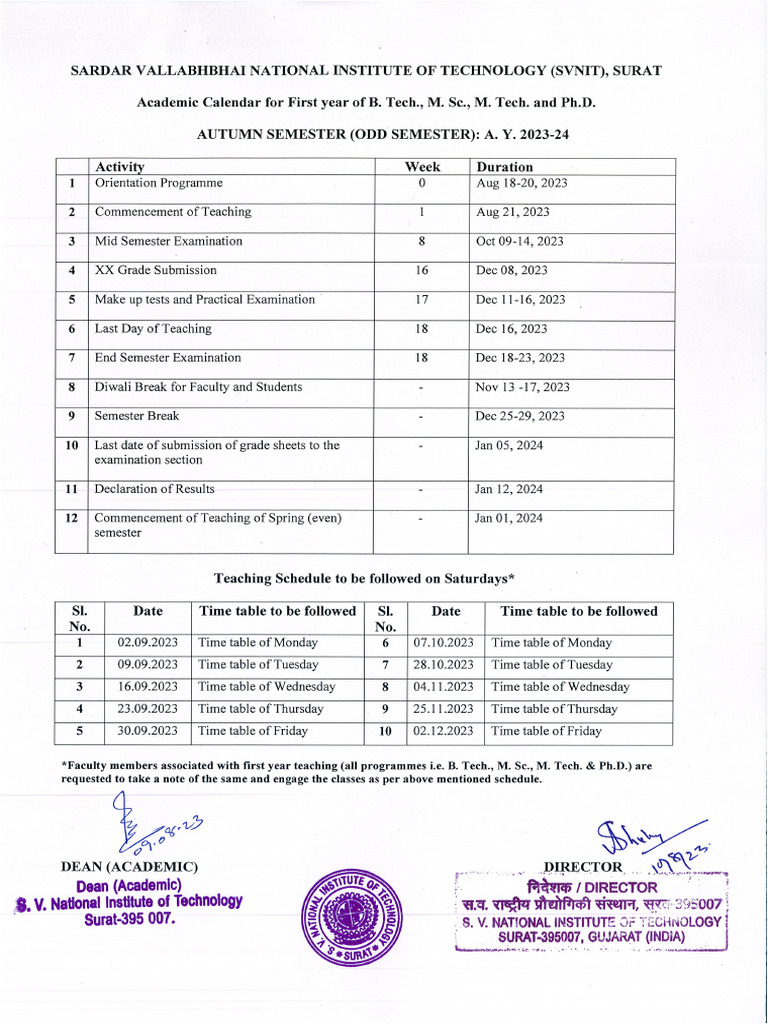 Academic Calendar For B.Tech-I M.Sc.-IM - Tech. and PH.D (Odd Semester