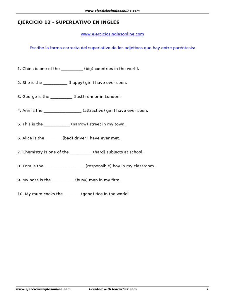Ejercicio 12 Superlativo en Inglés | PDF