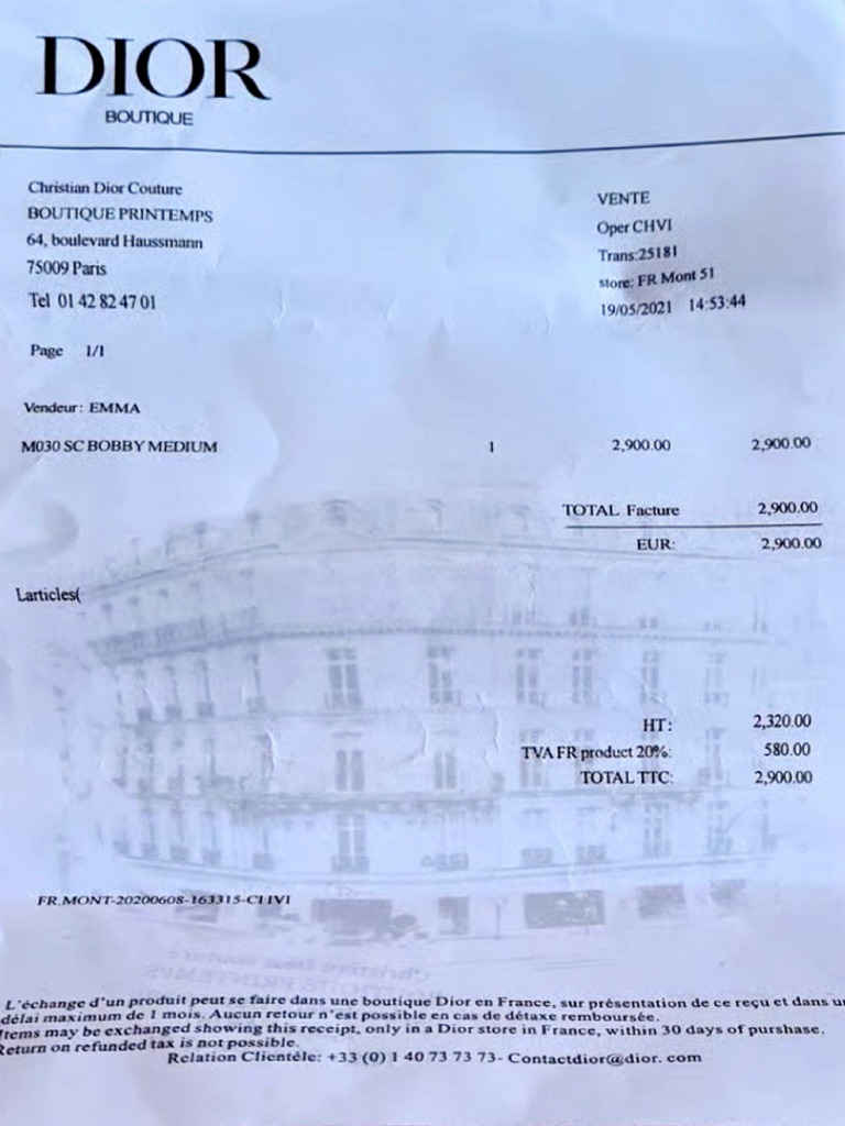 dior receipt PDF