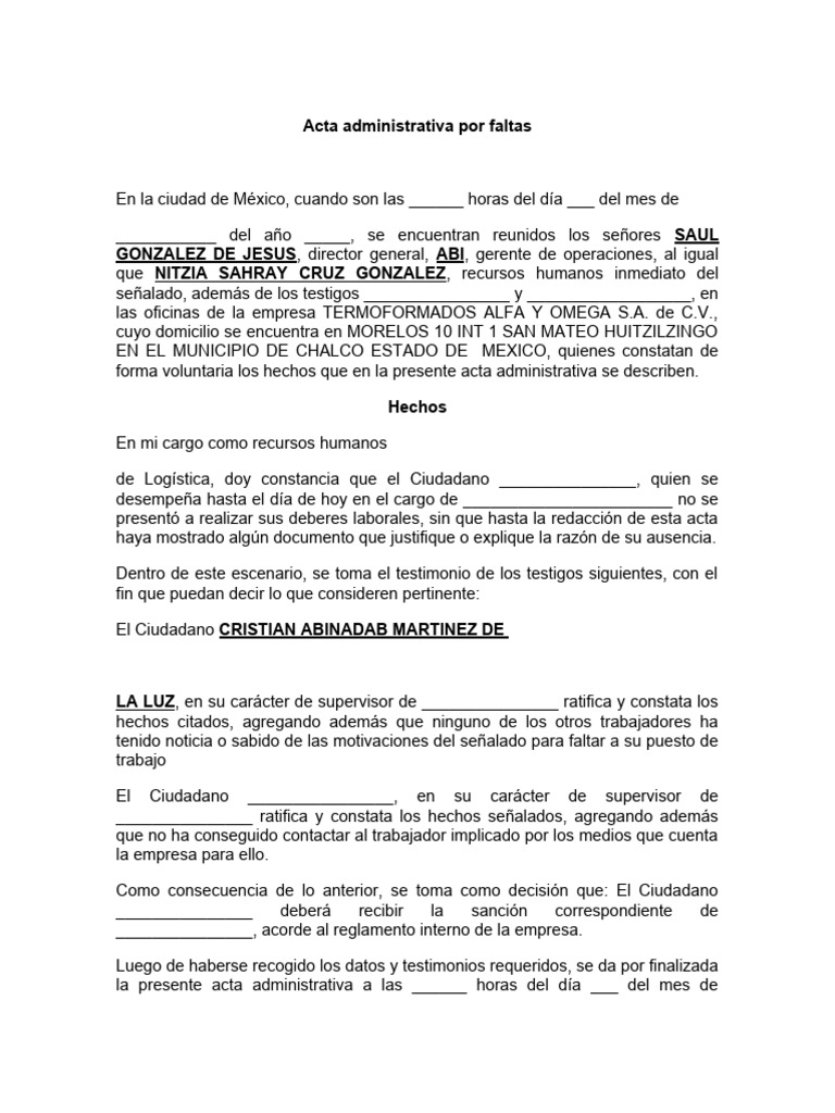 Acta Administrativa Por Faltas Pdf