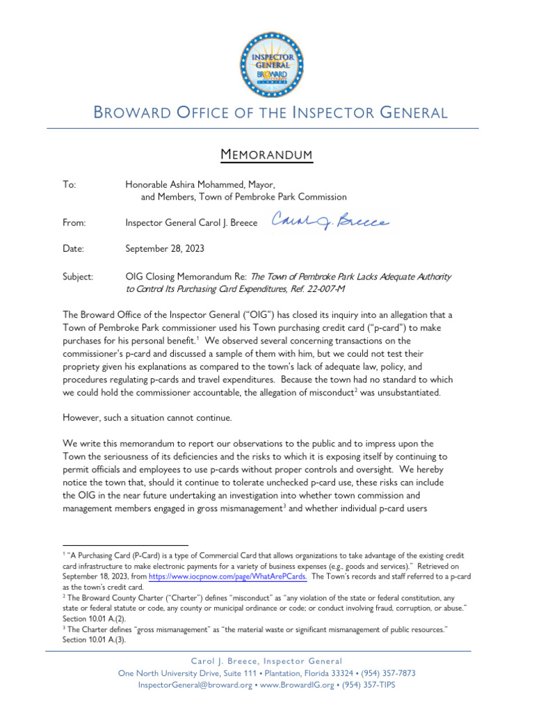 OIG Closing Memorandum | PDF | Per Diem | Credit Card